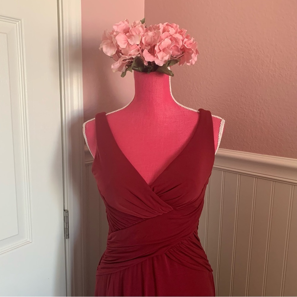 Red Stretchy Nylon Formal Gown with Gathered Waist, roughly size M - Picture 2 of 8